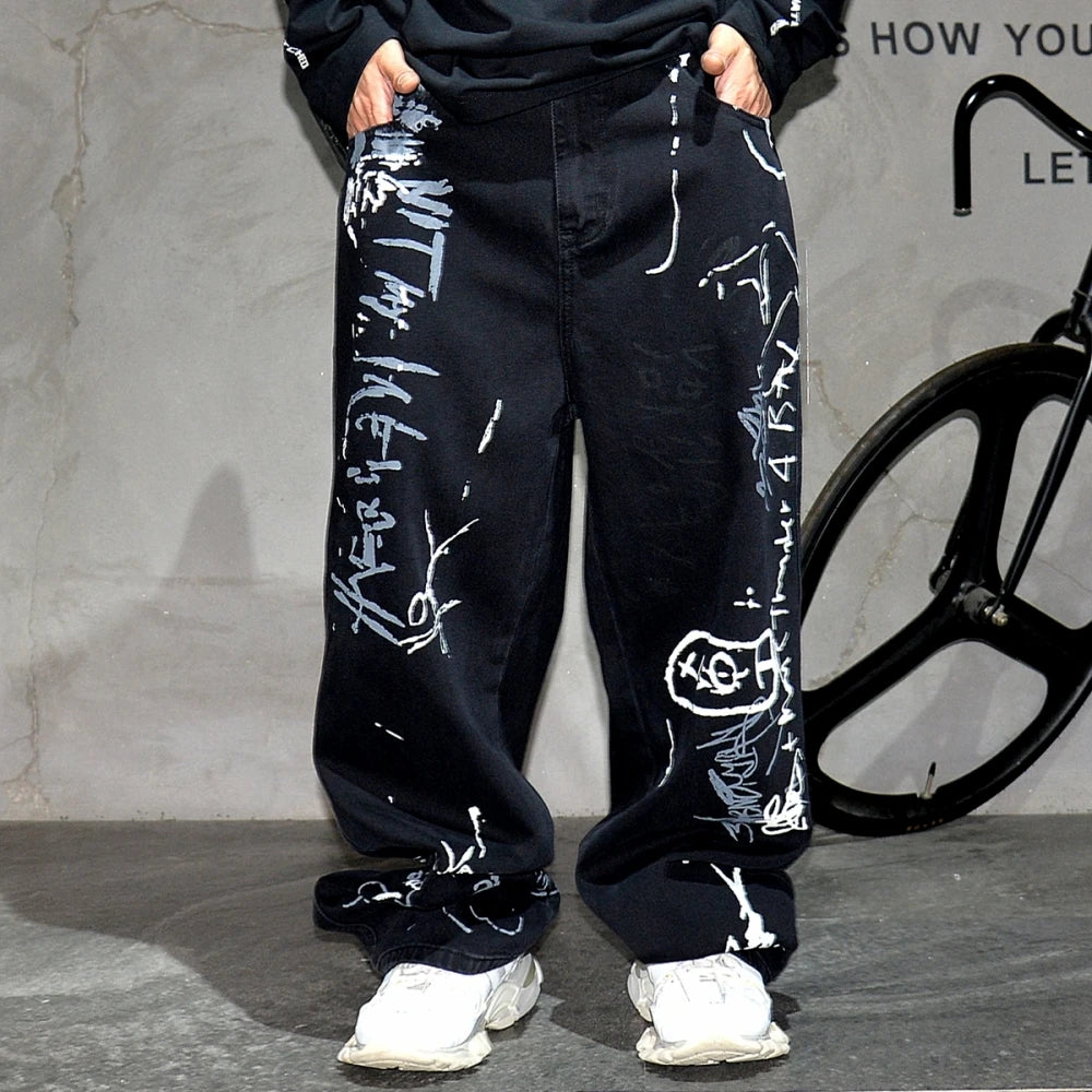 American Hip Hop Baggy Jeans Mens Clothing Streetwear Paint Graffiti Black Skateboard Street Dance Pants Kpop Denim Trousers