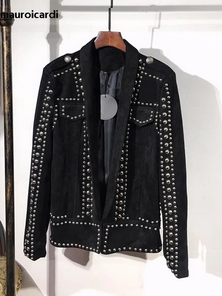 Mauroicardi Spring Autumn Cool Studded Short Black Faux Suede Leather Jacket Men Luxury Designer Emo Night Club Wear Clothes