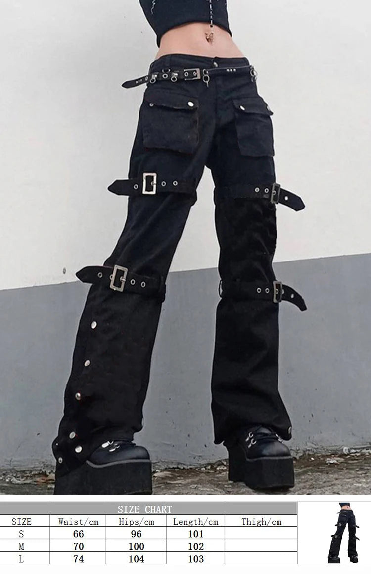 Punk Dark Alt Jeans Women Bandage Denim Pants 90s Gothic Emo Cargo Pants Fairycore Jogger Cyber Y2k Trousers Baggy Jean Techwear