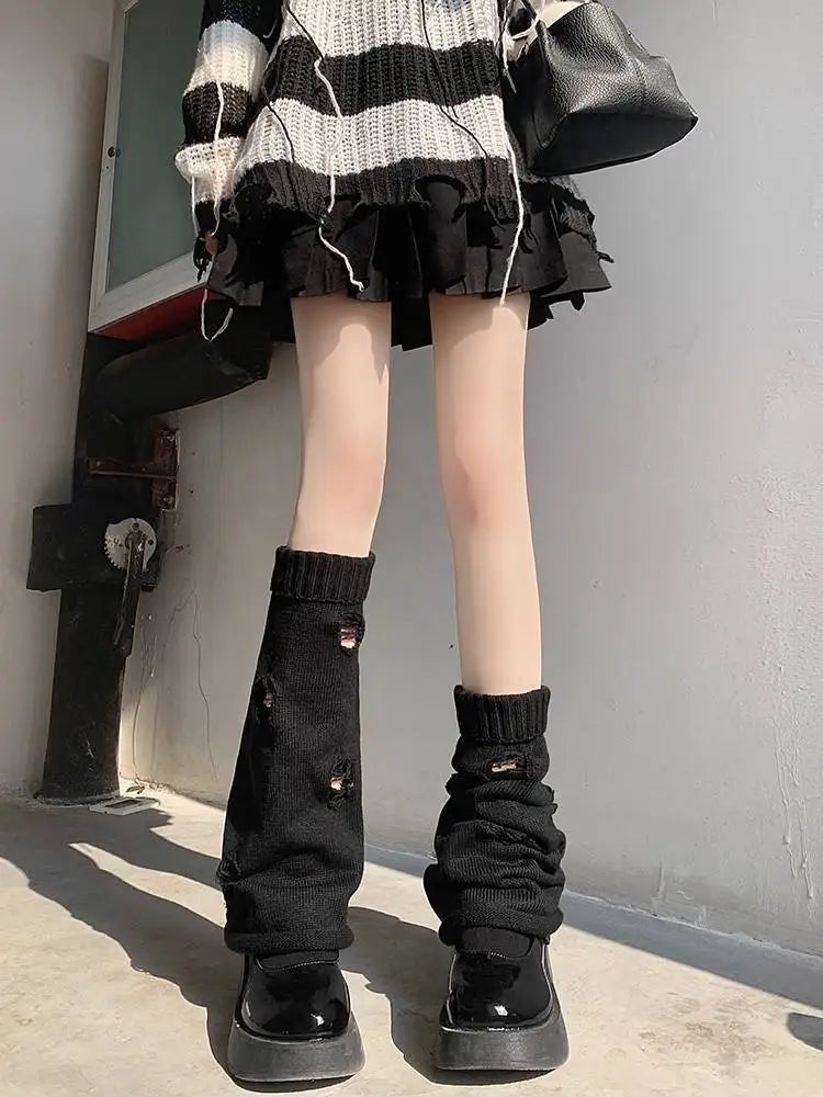 Gothic Women's Hole Leg Warmers Lolita Y2k Girls Long Socks Knitted Leggings Japanese Sweets Kawaii Arm Ankle Warmers Foot Cover