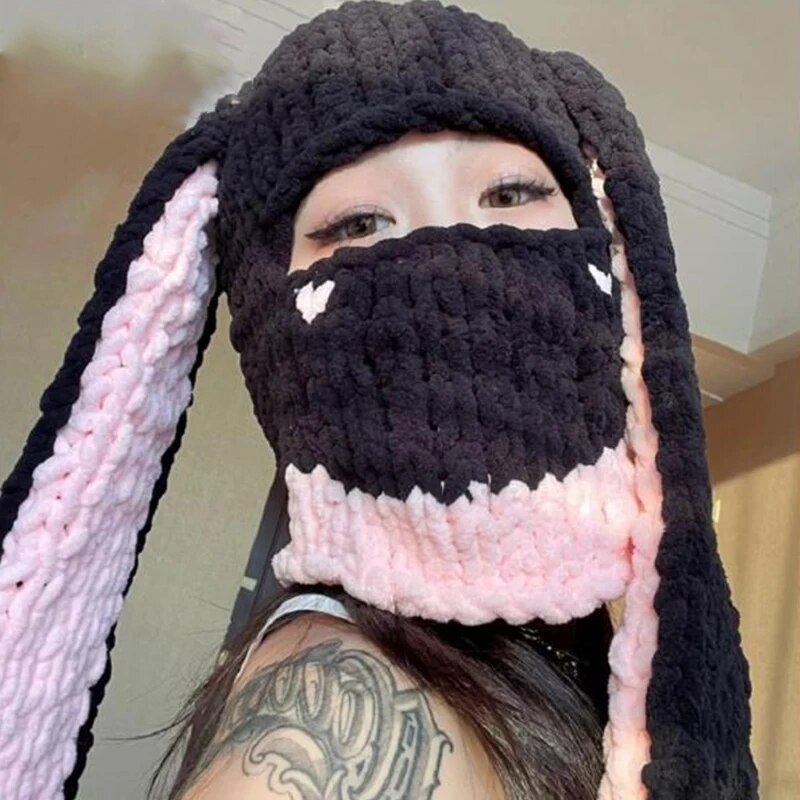 AltGoth Harajuku Cyberpunk Rabbit Knitted Hat Women Thickened Warm Fleece Mask Head Over Beanies Y2k E-girl Emo Alt Skullies