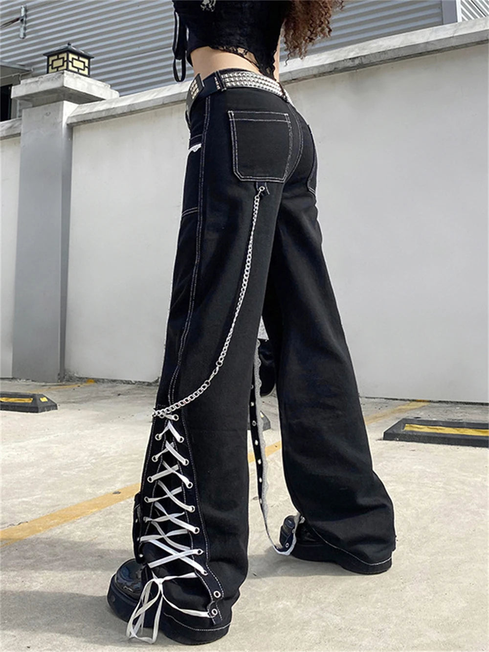 Punk Dark Alt Jeans Women Bandage Denim Pants 90s Gothic Emo Cargo Pants Fairycore Jogger Cyber Y2k Trousers Baggy Jean Techwear