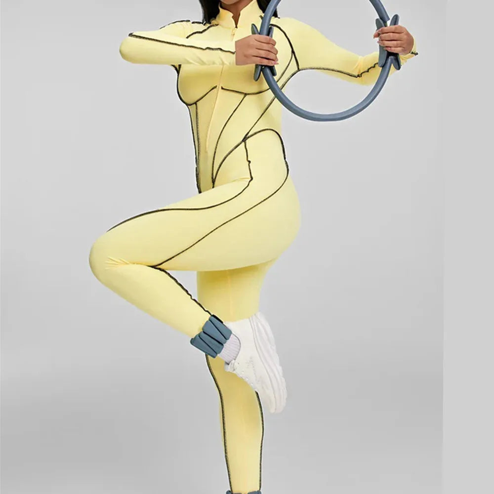 Pad Zipper Yoga Set Sports Fitness Hollow Back Skinny Women One-Piece Jumpsuits Workout Legging Clothing Gym Bodysuit  XP83