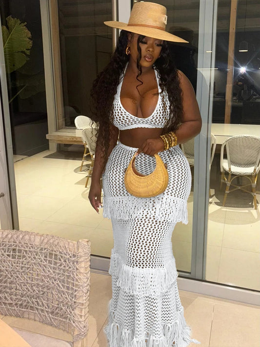 Weird Puss Beach Vacation 2 Piece Set Knit Women Y2K See Through Halter Low-Neck Tank Top+Tassel Multilayer Skirts Sexy Clubwear