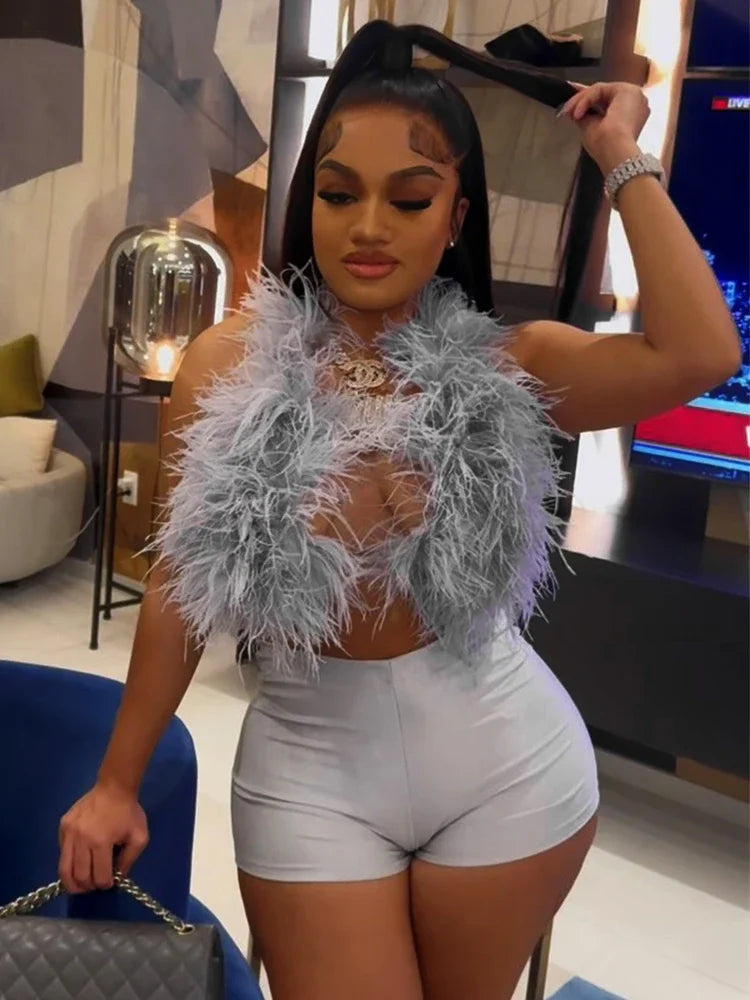 Leosoxs Sexy Hipster 2 Piece Set Women Y2K Summer Luxury Furs Tank Tops+Tight Stretch Shorts Midnight Clubwear Party Suits