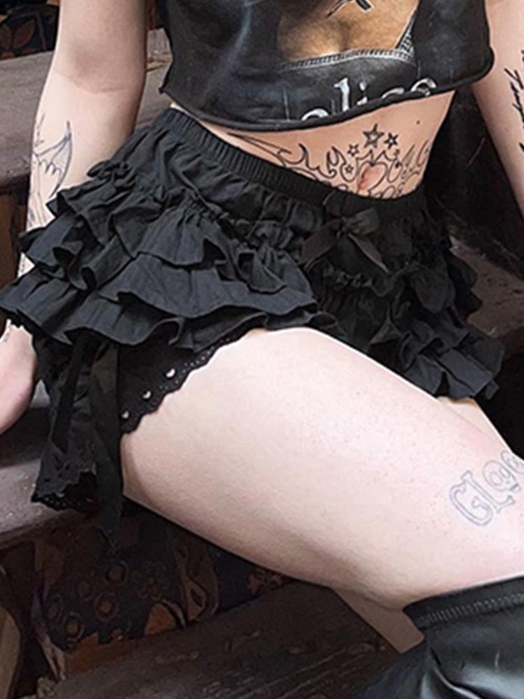 AltGoth Mall Goth Lolita Lace Shorts Women Aesthetic Cute Sweet Bow Patchwork Shorts Y2k E-girl Emo Alternative Kawaii Outfits