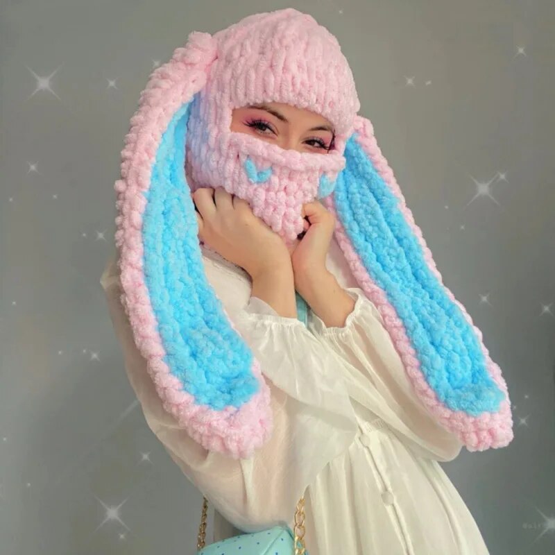 AltGoth Harajuku Cyberpunk Rabbit Knitted Hat Women Thickened Warm Fleece Mask Head Over Beanies Y2k E-girl Emo Alt Skullies