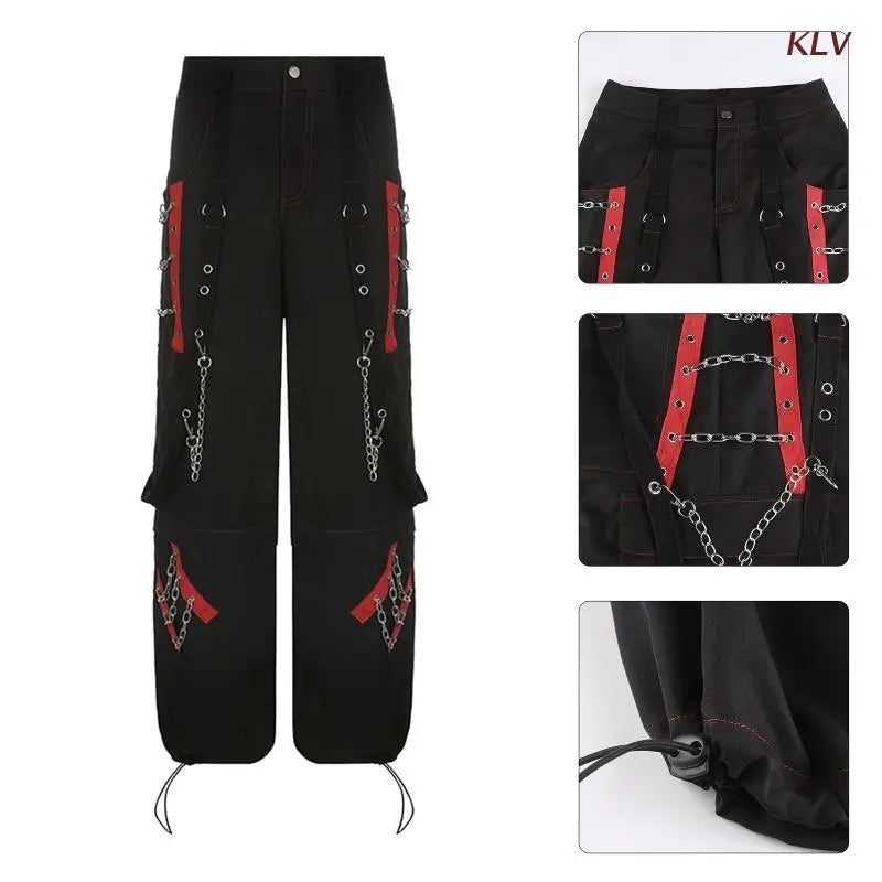 Women Dark Gothic Baggy Cargo Pants Harajuku Punk Colorblock Eyelets Bandage Metal Chain Hip Hop Wide Leg Trousers 6XDA