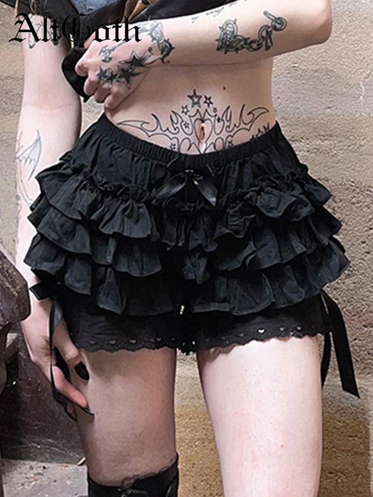 AltGoth Mall Goth Lolita Lace Shorts Women Aesthetic Cute Sweet Bow Patchwork Shorts Y2k E-girl Emo Alternative Kawaii Outfits