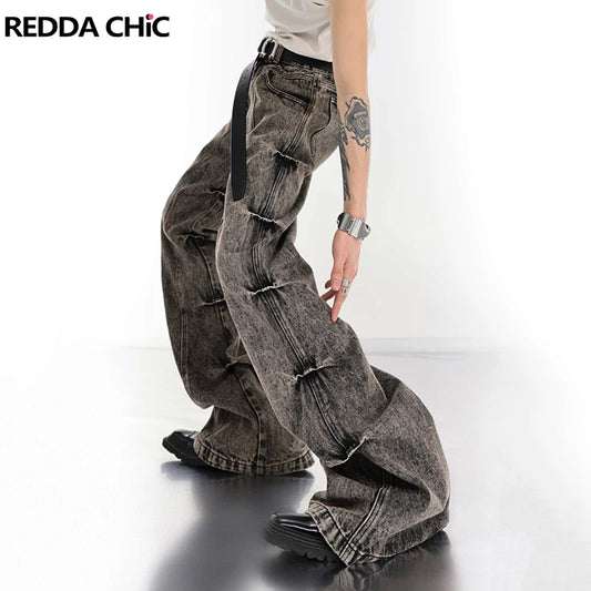 REDDACHIC Retro Gray Stacked Flare Jeans for Men Y2k Distressed Bootcut Pants Wide Leg Low Waist Bell Bottoms Emo Streetwear