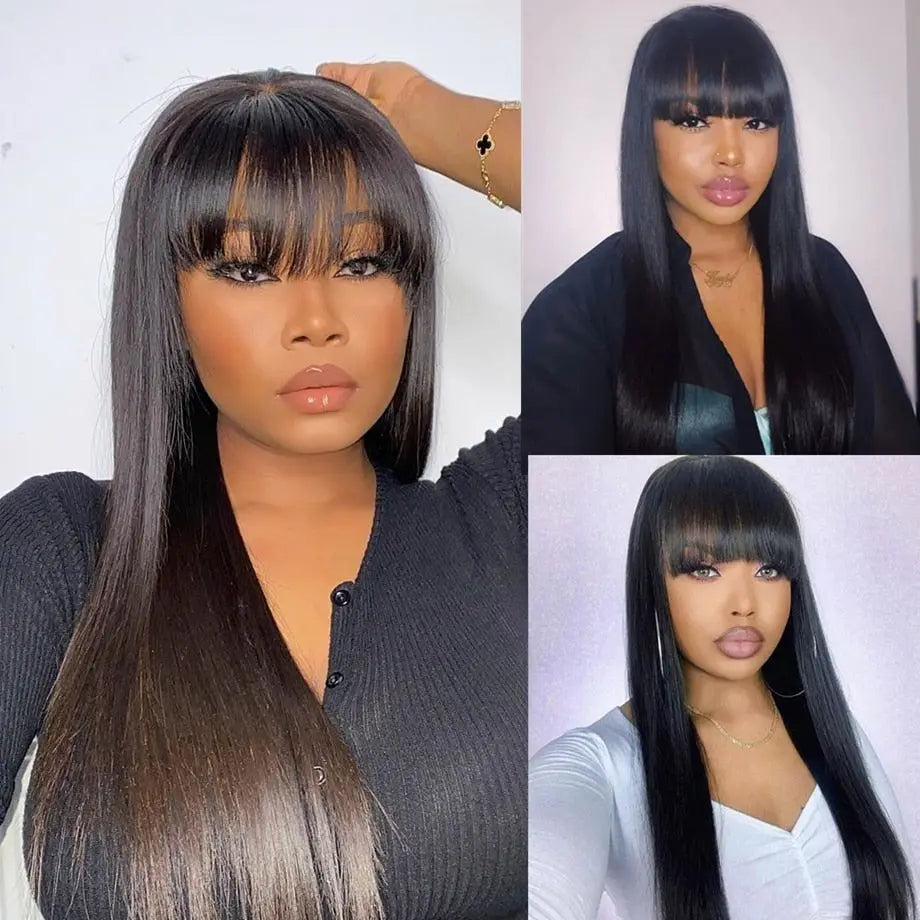 Silkwave Bone Straight Human Hair With Bangs 3x1 Lace Middle Part Wig Brazilian 30 32 Inch