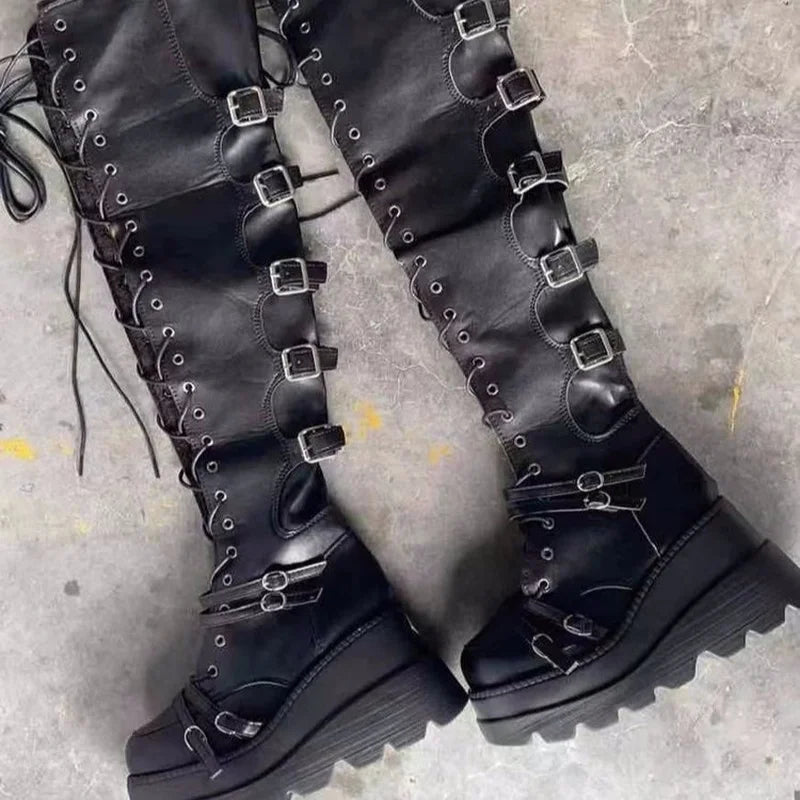 Punk Over-the-knee Boots Women Platform Heels Belt Buckle  Boot Motorcycle Goth Shoe Thigh High Flat Boots Plus Size 42 43