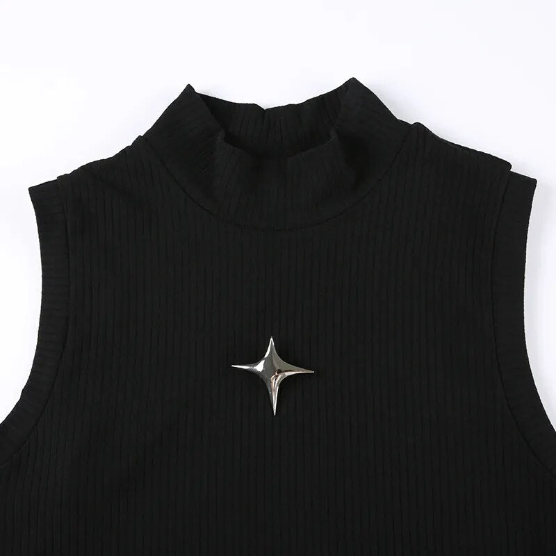 SUCHCUTE Dark Academia Rivet Patchwork Crop Tops Women Grunge Sleeveless Black Irregular Tank Top y2k Streetwear Punk Clothes