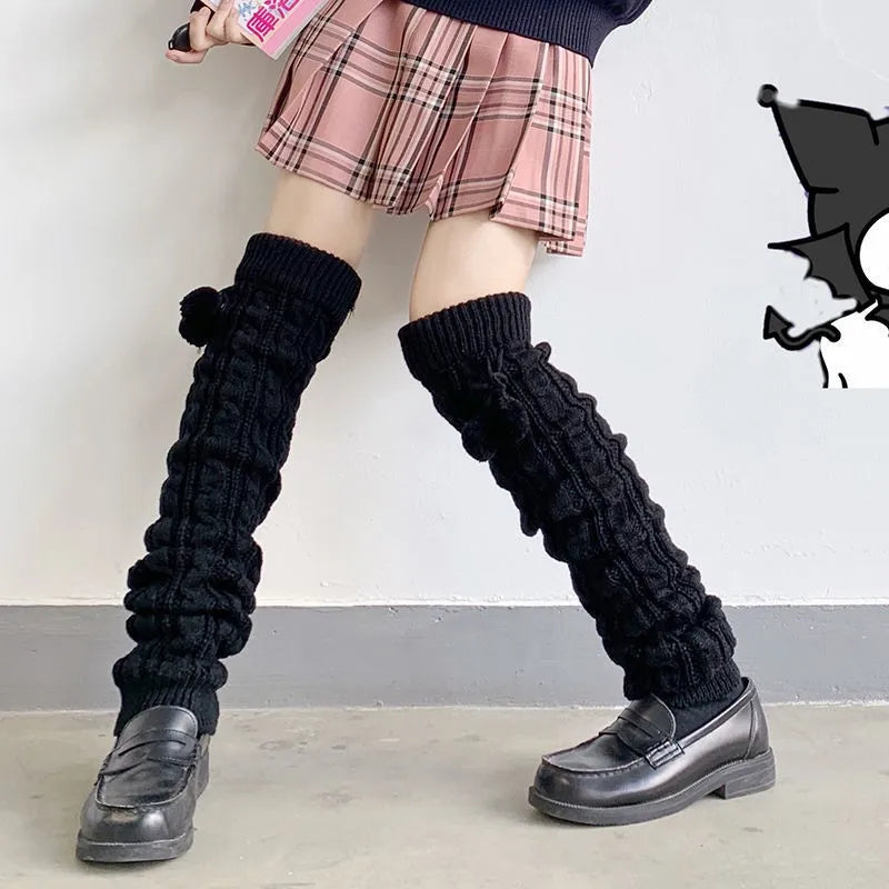 Uniform Women's Lolita Socks Leg Warmers White Ball Knitted Over Knee Foot Cover JK Y2k Emo Cos Girls Spring Boots Loose Socks