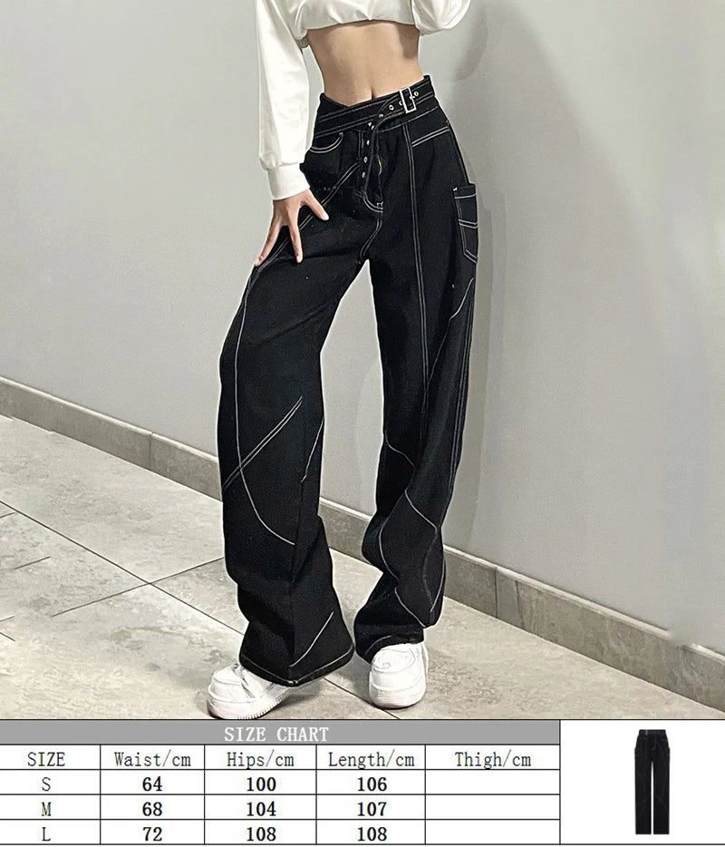 Punk Dark Alt Jeans Women Bandage Denim Pants 90s Gothic Emo Cargo Pants Fairycore Jogger Cyber Y2k Trousers Baggy Jean Techwear