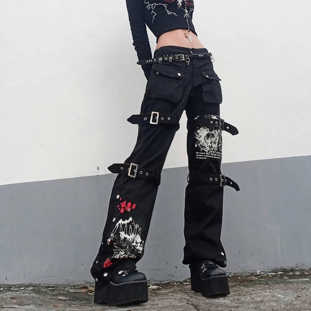 Punk Dark Alt Jeans Women Bandage Denim Pants 90s Gothic Emo Cargo Pants Fairycore Jogger Cyber Y2k Trousers Baggy Jean Techwear