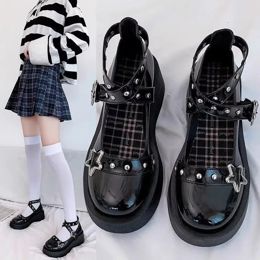 Lolita Shoes for Women Kawaii Cosplay Mary Janes Gothic Shoes Platform Emo Shoes on Heels Women Loli Thick Heel Cross Bandage