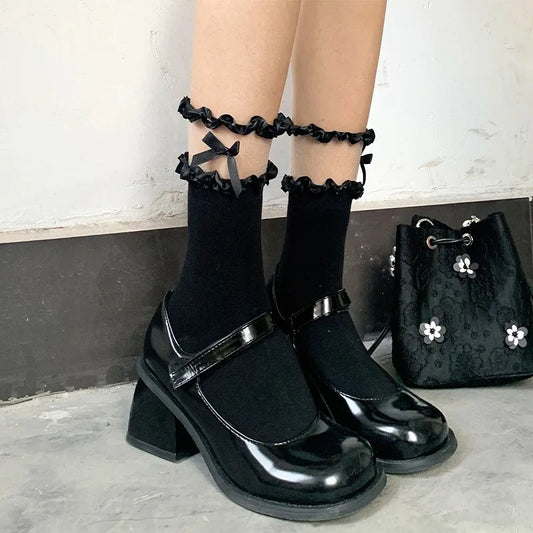 New Design Subculture Gothic Lolita Bowknot Ruffle Lace Cotton Socks JK Fashion Punk Women Soft Cute Anime Princess Long Socks