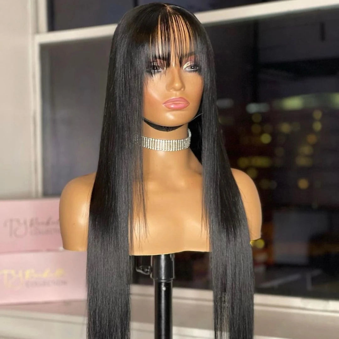 Silkwave Bone Straight Human Hair With Bangs 3x1 Lace Middle Part Wig Brazilian 30 32 Inch