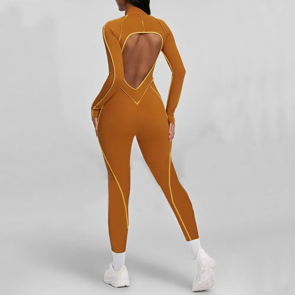 Pad Zipper Yoga Set Sports Fitness Hollow Back Skinny Women One-Piece Jumpsuits Workout Legging Clothing Gym Bodysuit  XP83