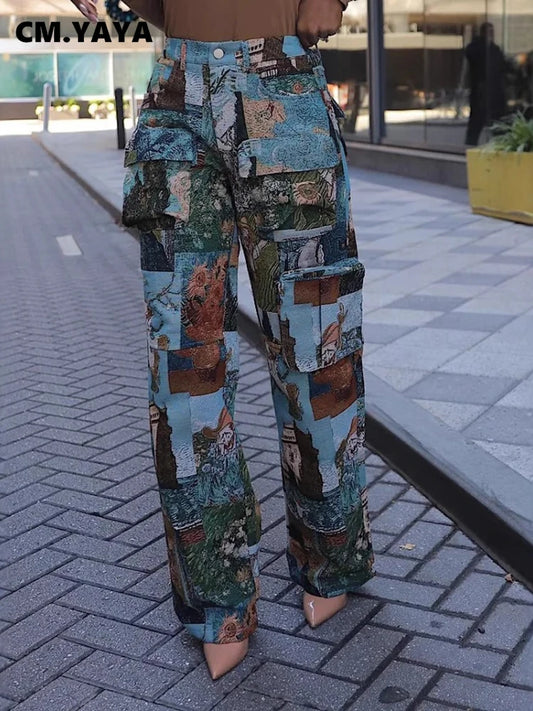 CM.YAYA Fashion Women Vintage 3D Print Wide Leg Jogger Pants 2025 Streetwear Cargo Active Hip Hop Straight Sweatpants Trousers