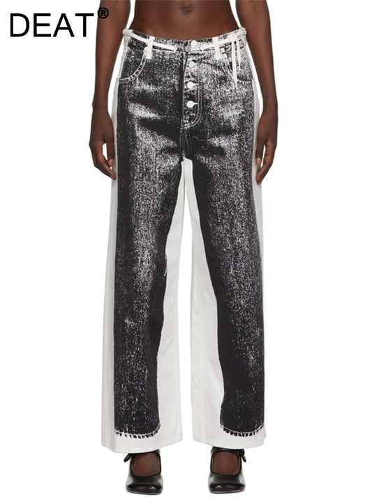 DEAT Fashion Women Jeans Drawstring High Waist Straight Wide Leg Contrast Color Printed Denim Pants Spring 2025 New 17A5741