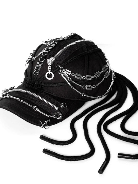 Trendy Dark Avant-Garde Style Techwear Handmade Heavy Metal Punk Dreadlocks Black Peaked Cap Hat High Quality