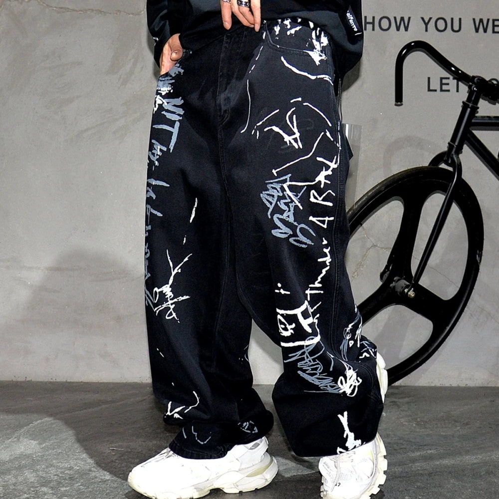 American Hip Hop Baggy Jeans Mens Clothing Streetwear Paint Graffiti Black Skateboard Street Dance Pants Kpop Denim Trousers