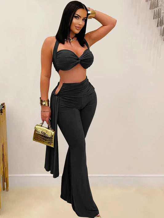 Twist Front Crop Top And Long Straps Wide Legs Pants set
