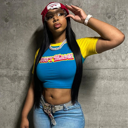 Women Letter Print Y2K Crop Tops  o-Neck Patchwork Color Summer Trend Skinny Shorts Sleeve Casual Sporty Street Tops