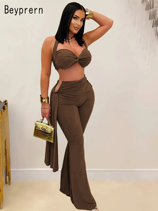 Beyprern New Chic Twist Front Crop Top And Long Straps Wide Legs Pants Set Womens Ruched Metal Tracksuits Set Night Out Overalls