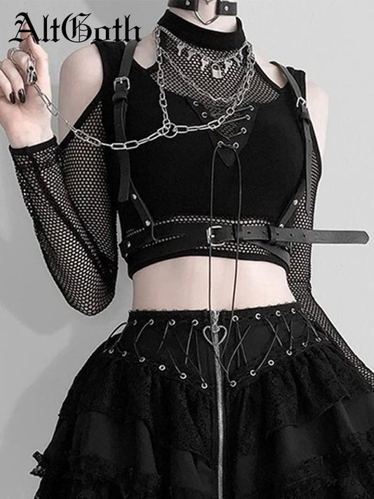 AltGoth Gothic Mesh T-shirt Women Vintage Streetwear Punk Aesthetic Lace Up Patchwork Tee Tops Y2k Open Shoulder Emo Alt Clothes