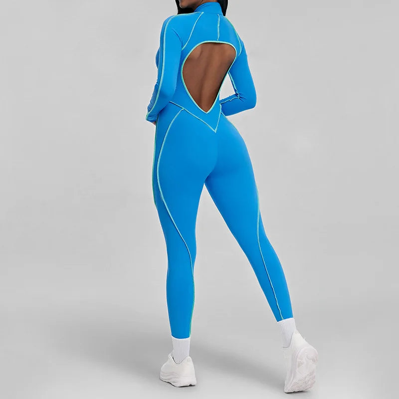 Pad Zipper Yoga Set Sports Fitness Hollow Back Skinny Women One-Piece Jumpsuits Workout Legging Clothing Gym Bodysuit  XP83