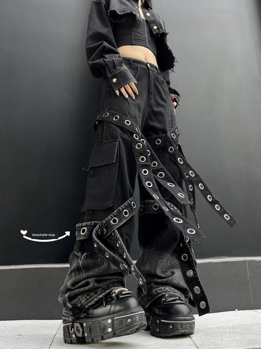 American Punk Heavy Industry Bandage Denim Dark Female Hip Hop Ribbon Deconstruct Parka Street Light Sub-Wide Leg Dark Style