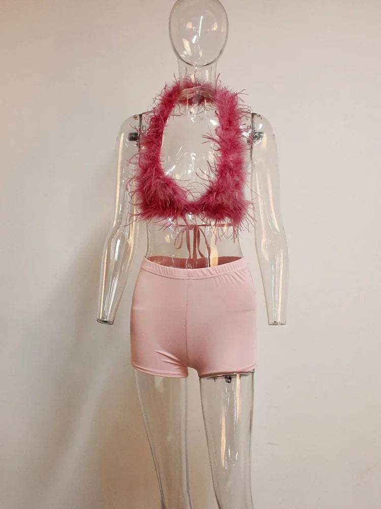 Leosoxs Sexy Hipster 2 Piece Set Women Y2K Summer Luxury Furs Tank Tops+Tight Stretch Shorts Midnight Clubwear Party Suits