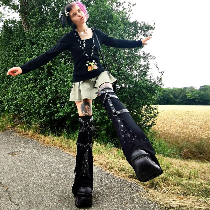 Dourbesty 2000s Punk Leg Warmers Academia Mall Goth Knee Sleeves Bandage Leg High Boot Stockings Full Length Women Socks y2k