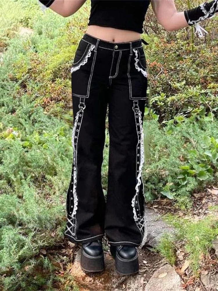 Punk Dark Alt Jeans Women Bandage Denim Pants 90s Gothic Emo Cargo Pants Fairycore Jogger Cyber Y2k Trousers Baggy Jean Techwear